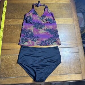 MALI Beach L Swimwear Two Piece Swimsuit‎ Tropical Multicolor Halter Top Tankini